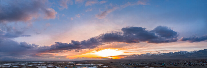 Beautiful sunset in mountains Altai Siberia Russia, drone aerial view
