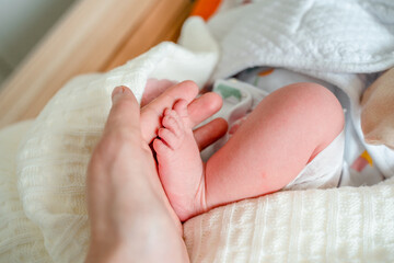 Small foot of a newborn baby, soft focus