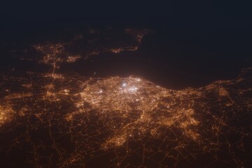 Aerial shot of Edinburgh (United Kingdom) at night, view from south. Imitation of satellite view on modern city with street lights and glow effect. 3d render © Hairem