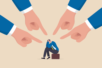 Toxic work, abuse or bullying colleagues, bad culture make exhausted depressed employee, fear of failure and responsibility, giant boss hands pointing and blaming at depressed businessman employee. - obrazy, fototapety, plakaty