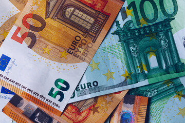 Euro money, Euro cash background. Banknotes of the european union. Euro cash. Many Euro banknotes of different values.