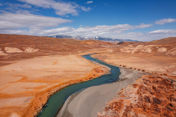 Autumn landscape winding river and mountains Altai Republic Russia, white sand in Moon valley, aerial top view sunny day