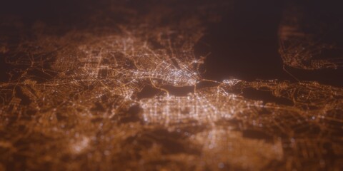 Street lights map of Kazan (Russia) with tilt-shift effect, view from north. Imitation of macro shot with blurred background. 3d render, selective focus