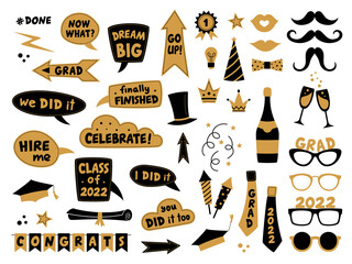 Photo booth props for graduation party. Congrats graduates. Photobooth vector set in gold and black. Hat, tie, glasses, diploma, bubbles with funny quotes. University, school, academy grad symbol