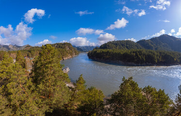 Beautiful sunrise landscape on river Katun Altai Russia. Mountains are covered with fog aerial top view