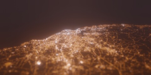 Street lights map of Havana (Cuba) with tilt-shift effect, view from south. Imitation of macro shot with blurred background. 3d render, selective focus