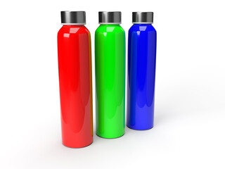 Rendering of three bottles in the order red, green, blue, the primary colors of the additive RGB color space. 3D renderin