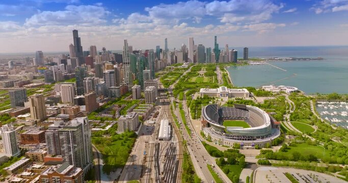 Unbelievable scenery of modern and beautiful Chicago. Architecture, green park, stadium locating on the lake waterfront.