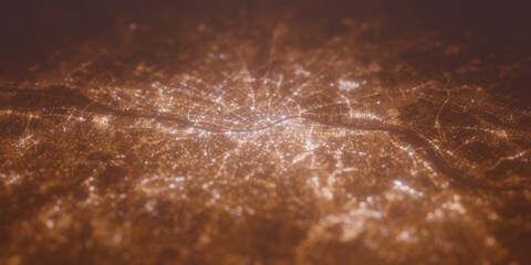 Street lights map of Budapest (Hungary) with tilt-shift effect, view from west. Imitation of macro shot with blurred background. 3d render, selective focus