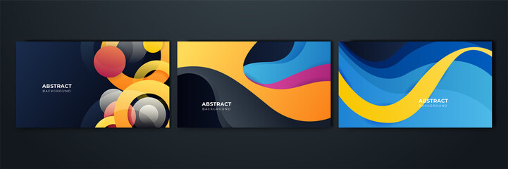 Set of gradient flowing geometric pattern background texture for poster cover design. Minimal color abstract gradient banner template. Modern vector wave shape for brochure