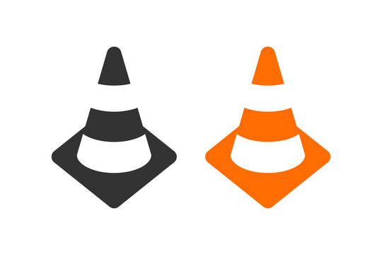 Orange and black safety cone icon. Road barrier symbol. Sign traffic signal vector.
