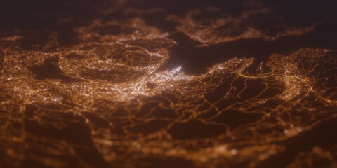 Street lights map of Bergen (Norway) with tilt-shift effect, view from east. Imitation of macro shot with blurred background. 3d render, selective focus