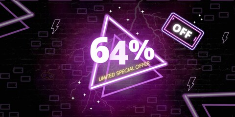 Obraz premium 64% off limited special offer. Banner with sixty four percent discount on a black background with purple triangles neon