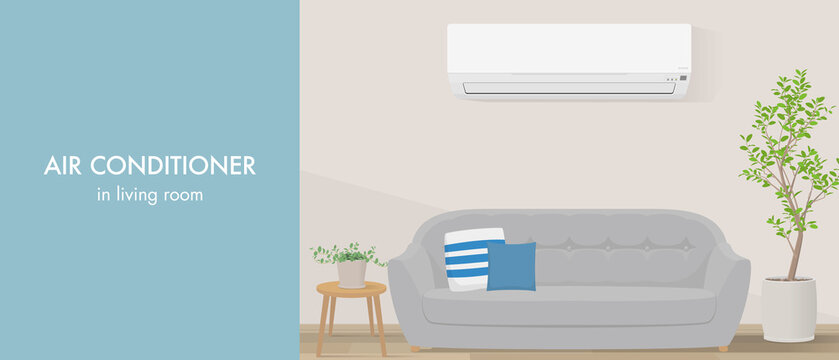 Vector illustration of ductless mini-split air conditioner in living room with copy space.