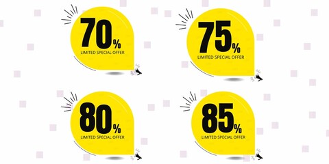 70% off, 75% off, 80% off, 85% off. Banner with seventy,  seventy five, eighty and eighty five percent discount on a white background with yellow ballons