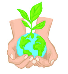The world in the palm and new saplings on it. A sapling is growing on the earth globe. The planet earth and the growing sapling in the palm of man