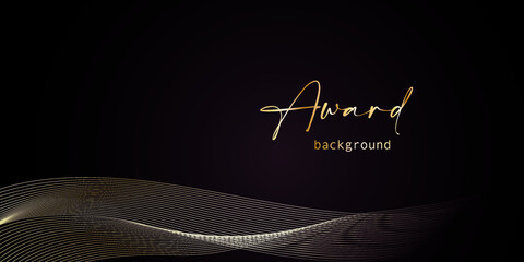 Abstract black and gold waves design element and shiny effect on dark background. Luxurious glowing stripes. Award background. Background for presentation, brochure, booklet, poster. Vector