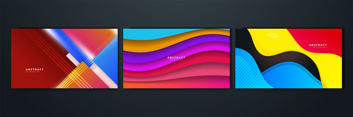 Set of gradient flowing geometric pattern background texture for poster cover design. Minimal color abstract gradient banner template. Modern vector wave shape for brochure