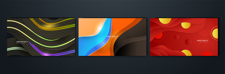 Set of gradient flowing geometric pattern background texture for poster cover design. Minimal color abstract gradient banner template. Modern vector wave shape for brochure