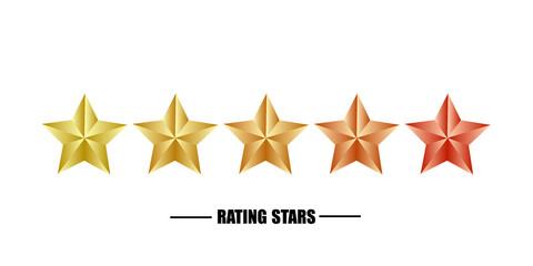 Five gold stars. Rate stars 3d effect on white background. For rating feedback. Realistic 3d design for device, mobile applications etc. Vector illustration