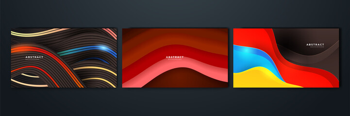 Fototapeta premium Set of gradient flowing geometric pattern background texture for poster cover design. Minimal color abstract gradient banner template. Modern vector wave shape for brochure
