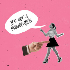 Contemporary art collage. Conceptual image with young girl walking on heels in short skirt isolated over pink background