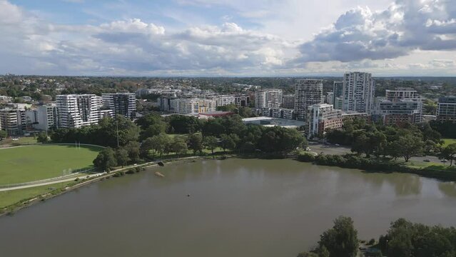 Aerial View Of Sydney Suburb, Wolli Creek, NSW Australia. Pan To The Right.