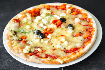 pizza cheese, tomato sauce, olives, vegetable fresh meal food snack on the table copy space food background rustic top view 