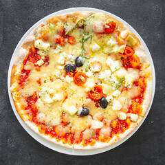 pizza cheese, tomato sauce, olives, vegetable fresh meal food snack on the table copy space food background rustic top view 