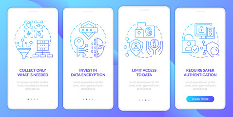 Winning customer trust blue gradient onboarding mobile app screen. Digital data walkthrough 4 steps graphic instructions with linear concepts. UI, UX, GUI template. Myriad Pro-Bold, Regular fonts used