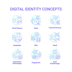 Digital identity blue gradient concept icons set. Biometric technology idea thin line color illustrations. Personal information. Isolated symbols. Roboto-Medium, Myriad Pro-Bold fonts used