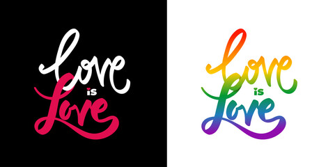 Love is love. Happy pride day. LGBTQ Pride Month. Rainbow flag. Conceptual poster with LGBT rainbow hand lettering. Colorful glitter handwritten phrase Love is Love. Typography for gay community. - obrazy, fototapety, plakaty