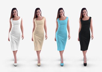 Fototapeta premium Mockup of a white, black, blue, nude tight-fitting dress, a beautiful sundress on a slender girl, isolated on a background, front. Set.