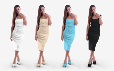 Mockup of a white, black, blue, nude knee-length dress, a beautiful tight-fitting sundress on a girl in heels, isolated on a background, front. Set.