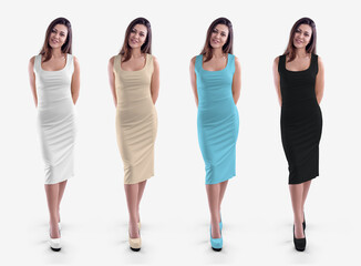 Mockup of a white, black, blue, nude dress of medium length, a tight-fitting sundress on a posing girl in heels, for design, advertising, front. Set.