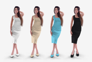Obraz premium Template of a tight white, black, blue, nude medium length dress, women's clothing on a girl in heels straightening her hair, isolated on background, front.