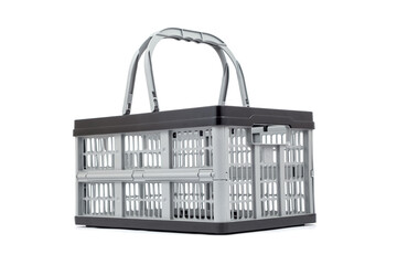 Empty plastic gray shopping basket, useful accessory while shopping isolated