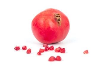 Ripe red pomegranate, pomegranate seeds, tasty and healthy fruit isolated - 508251978