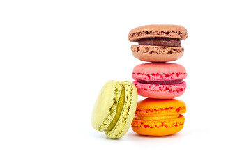Colorful tasty Macarons cakes, delicious special dessert isolated