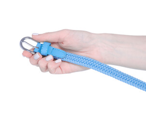 Blue female belt in hand on white background isolation