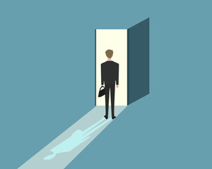 Businessman walking into the opened door. New challenge, career, opportunities and  success. Man in suit. Vector illustration  