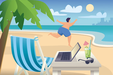 Obraz na płótnie Canvas Man relaxing at seaside resort concept in flat cartoon design. Happy guy runs to ocean, rests in lounger under palm tree and works online with laptop. Vector illustration with people scene background
