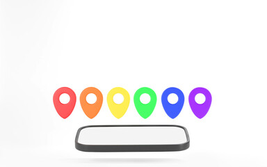 Pin pointer gps colorfull LGBTQ concept with Smartphone white screen on white bcakground. Location Travel concept. Minimal cartoon. 3D render illustration