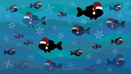 Abstract vector water waves with Christmas illustrtation background. Small color fish with hew year hat. Flat design style