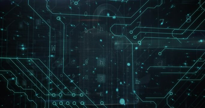 Security padlock icon and cyber security data processing against microprocessor connections