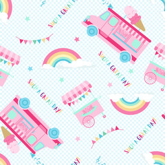 Ice Cream Trucks and Rainbows Seamless Pattern