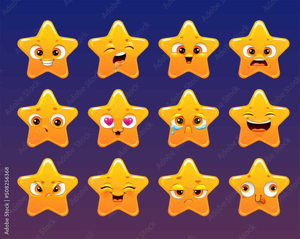 Sticker funny cartoon yellow stars with different faces