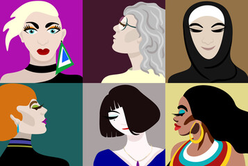 Vector collection of portraits of six different women. Diversity concept.