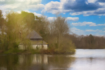 House at a lake on a sunny winter day, digital oil painting on canvas