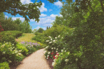 Scenic view of lush landscaped park or garden, walkway along blooming flowers and trees, digital color pencil sketch for postcard, wallpaper, art print etc.